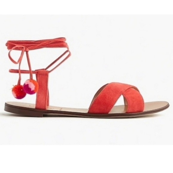 J. Crew Shoes - J.Crew Coral Pom Pom Suede Lace Up Sandals Size 8